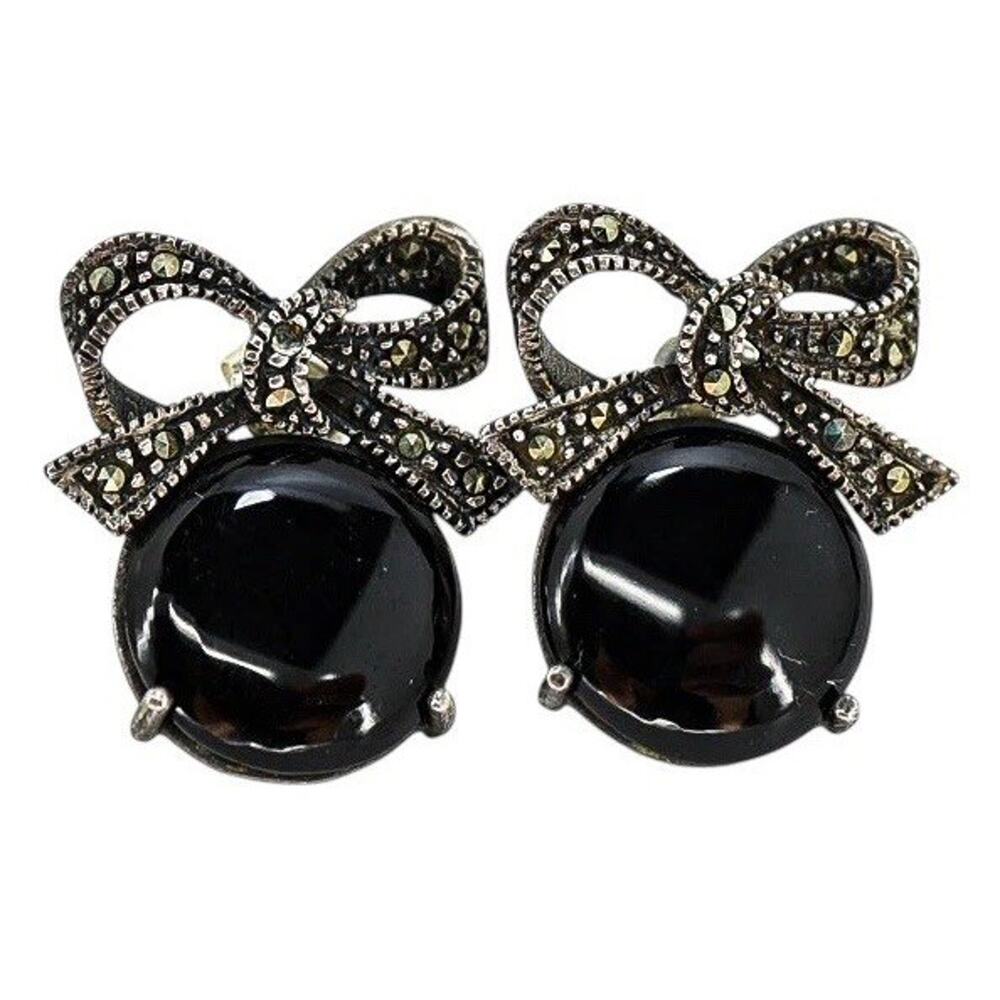 Large Art Deco Sterling Silver Post Earrings Onyx Marcasites Bow & Round Cabs